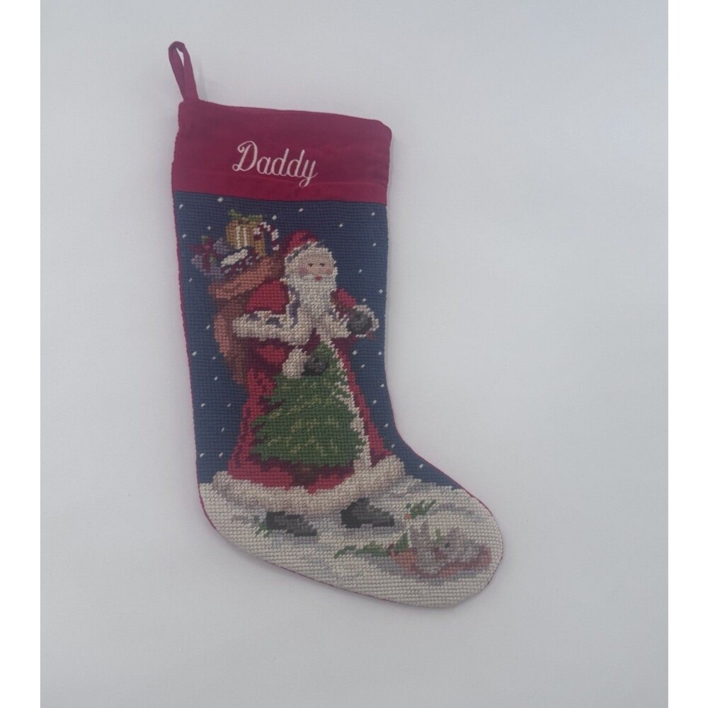 Lillian Vernon Large Christmas Stocking Needlepoint Santa Velvet Monogram Daddy